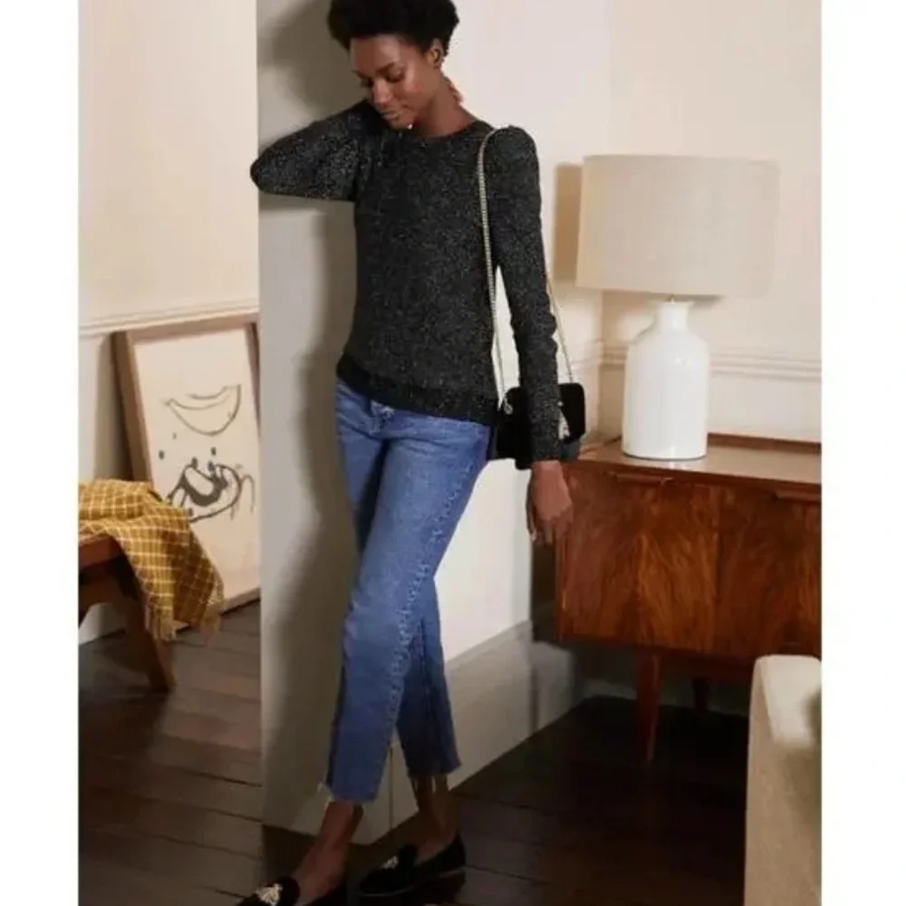 Boden Sparkle Puff Sleeve Sweater Crew Neck Wool Cashmere Black Sz 8 NWT